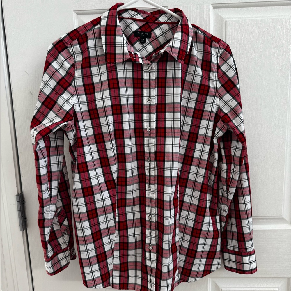Talbots red and white striped long sleeve button up shirt